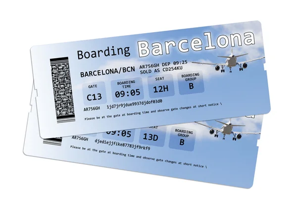 Billetes de avión con tarjeta de embarque a "Barcelona" aislados en blanco . — Foto de Stock