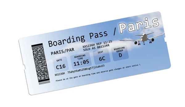 Billetes de avión con tarjeta de embarque a París aislados en blanco — Foto de Stock