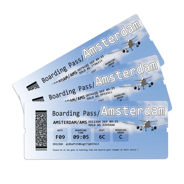 Airline boarding pass tickets to Amstersam isolated on white