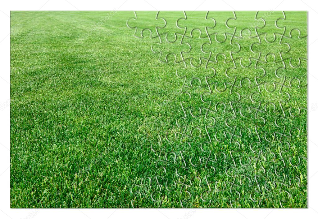 Beautiful green mowed lawn in jigsaw puzzle shape - concept image