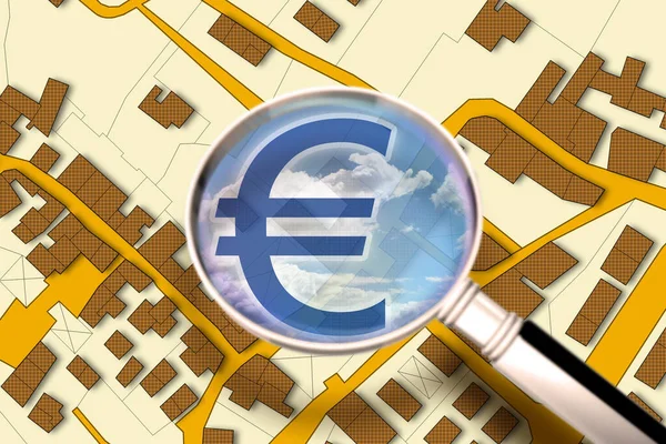 Geld Verdienen Mit Der Bautätigkeit Konzeptbild Mit Einer Imaginären Katasterkarte — Stockfoto