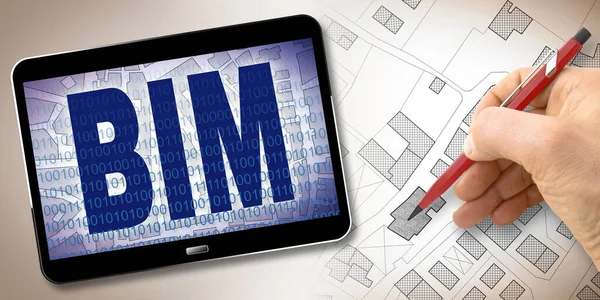 建筑信息建模 Building Information Modeling Bim 一种新的建筑设计方法 数字平板三维渲染的概念图和装置屏幕上的想象城市地图 — 图库照片