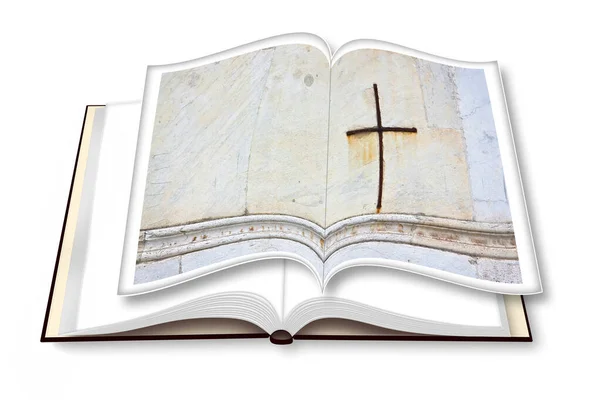 Fotolibro Aperto Sfondo Withe Con Croce Ferro Cristiana Concept Image — Foto Stock