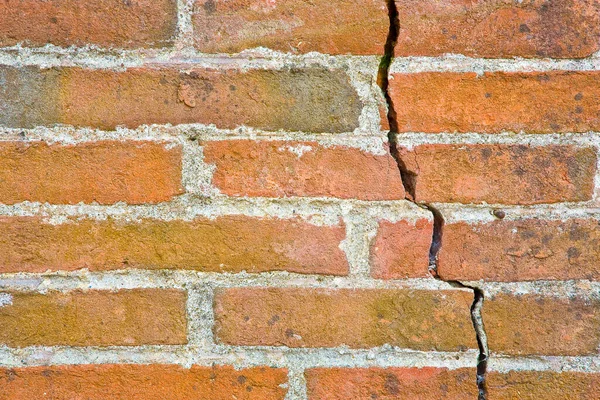 Parede Velha Construída Com Tijolos Rachados Danificados Devido Falha Estrutural — Fotografia de Stock