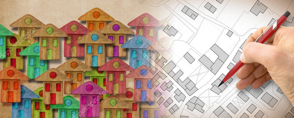 Global village made of wooden houses - Housing concept image with an imaginary city map on background.