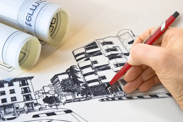 Architecte Designer Ingénieur Dessinant Croquis Nouveau Bâtiment Dans Une Élégante — Photo