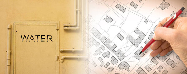 Планирование городского водоснабжения - концептуальное изображение с металлической коробкой для счетчика воды и воображаемой картой города.