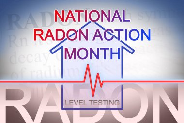 Evlerde radon gazı kaynaklı radyoaktif kirlenme riskini izlemek ve önlemek için Ulusal Radon Eylem Ayı - grafik ve küçük ev illüstrasyonları