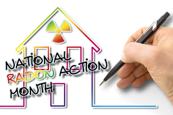 National Radon Action Month to monitor and prevent the risk of radioactive contamination caused by radon gas in homes - concept illustration with hand writing text over a small house