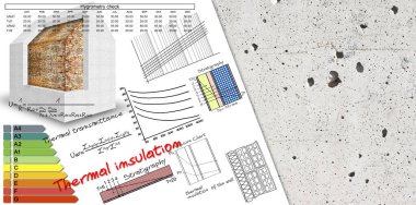 Termal yalıtım hakkında formüller ve diyagramlar ve binalar enerji verimliliği - beton duvara karşı konsept görüntü - kopyalama alanı olan görüntü.