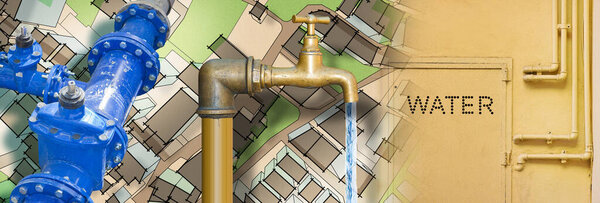 Питьевая вода в нашем городе - концептуальное изображение с краном и системой гидравлики на воображаемой карте города.