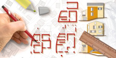 Architect designs a new residential building with floor plans and elevations over an imaginary city map - concept image.  clipart