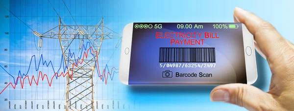 Elektriciteitsrekening Line Betalen Concept Beeld Met Een Elektriciteit Pyloon Hand — Stockfoto