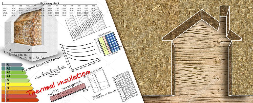 Thermal insulation coatings for residential construction with hemp fiber to reduce thermal losses against a wooden construction structure - Building energy efficiency and environmentally friendly concept image with formulas and diagrams.