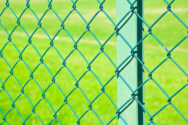 Green metal wire mesh against a green area.