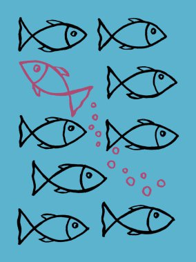 Akıntıya karşı yüzmek ya da kalabalıktan uzak durmak - balığın konsept görüntüsü gruba ters yöndedir.