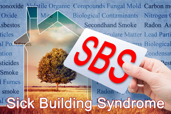 Sick Building Syndrome concept image with he most common dangerous domestic pollutants we can find in our homes which cause poor indoor air quality and chronic disease.