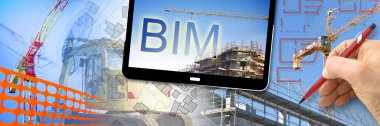 Building Information Modeling, BIM, a new way of architecture designing - concept image with metal scaffolding, tower crane, construction machinery in a construction site and 3D render of a digital tablet.