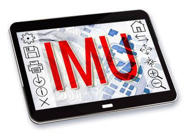 IMU (Eşsiz Belediye Vergisi) arazi ve binalara uygulanan en sevilmeyen İtalyan vergisidir - 3 boyutlu dizüstü bilgisayar ve hayali kadastro haritasına sahip kavram.