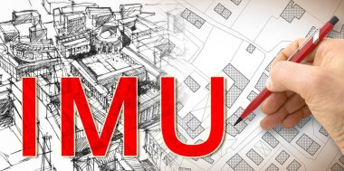 IMU (which means Unique Municipal Tax) the most unpopular italian tax on land and buildings - concept with cadastral map and cityscape. clipart