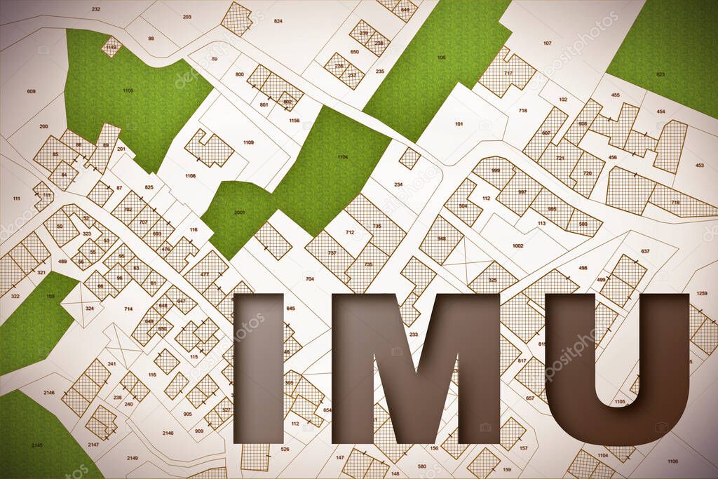 IMU (which means Unique Municipal Tax) the most unpopular italian tax on land and buildings - concept with cadastral map.