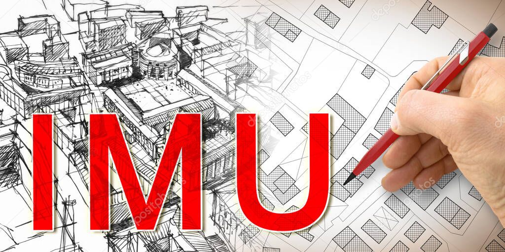 IMU (which means Unique Municipal Tax) the most unpopular italian tax on land and buildings - concept with cadastral map and cityscape.