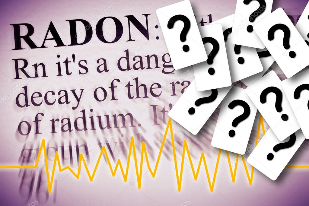 Doubts and uncertainties about Radon gas, the silent killer - concept image with check-up chart about radon contamination, definition of radon gas and question marks.