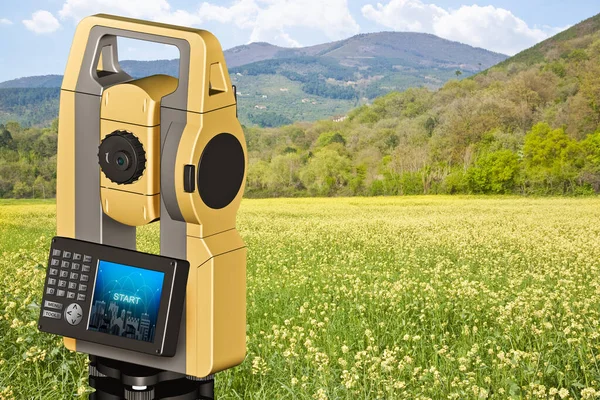 Rural scene with field and 3D rendering of a geodesic device, called Total Station used for the survey of topographic maps and topographical survey.