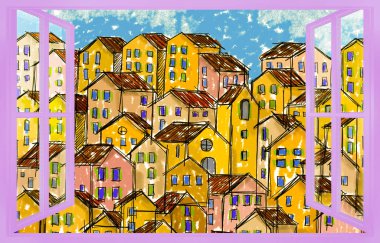 Neighborly relationships concept image with housing view from a apartment window. clipart