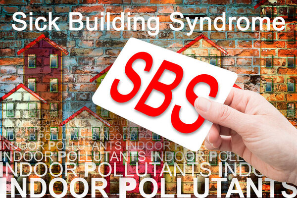 Sick Building Syndrome concept image with he most common dangerous domestic pollutants we can find in our homes which cause poor indoor air quality and chronic disease.