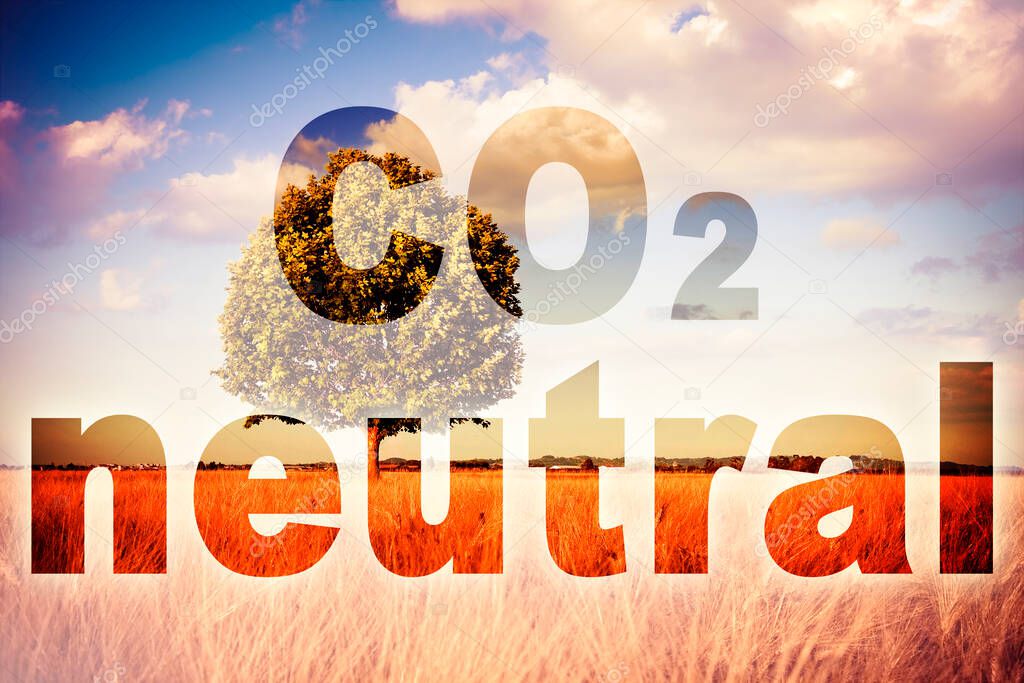 CO2 Neutral text - concept image against a rural scene.