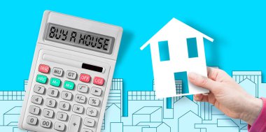Buy a new house or apartment - concept image with a calculator with BUY A HOUSE text against a city skyline. clipart