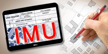 IMU (which means Unique Municipal Tax) the most unpopular italian tax on land and buildings - Concept with 3D render of laptop and building. clipart