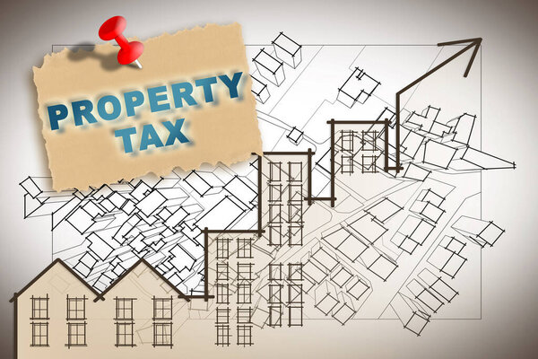 Налог на недвижимость в зданиях - Концепция недвижимости с воображаемой картой кадастра и жилым домом.