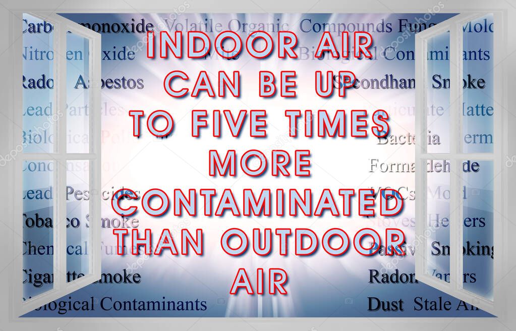 Indoor Air More Contaminated than Outdoor - Indoor air quality concept with the most common dangerous domestic pollutants in our homes seen from a window. 