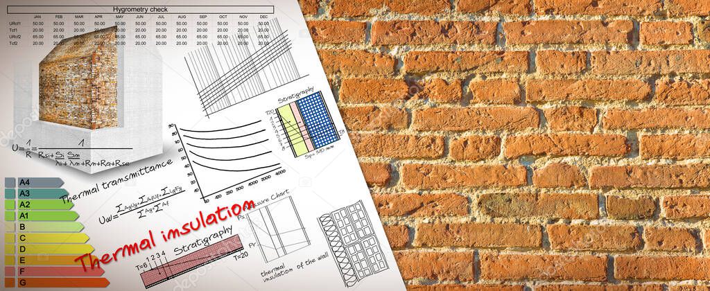 Formulas and diagrams about thermal insulation and buildings energy efficiency - concept image against a brick wall - image with copy space.