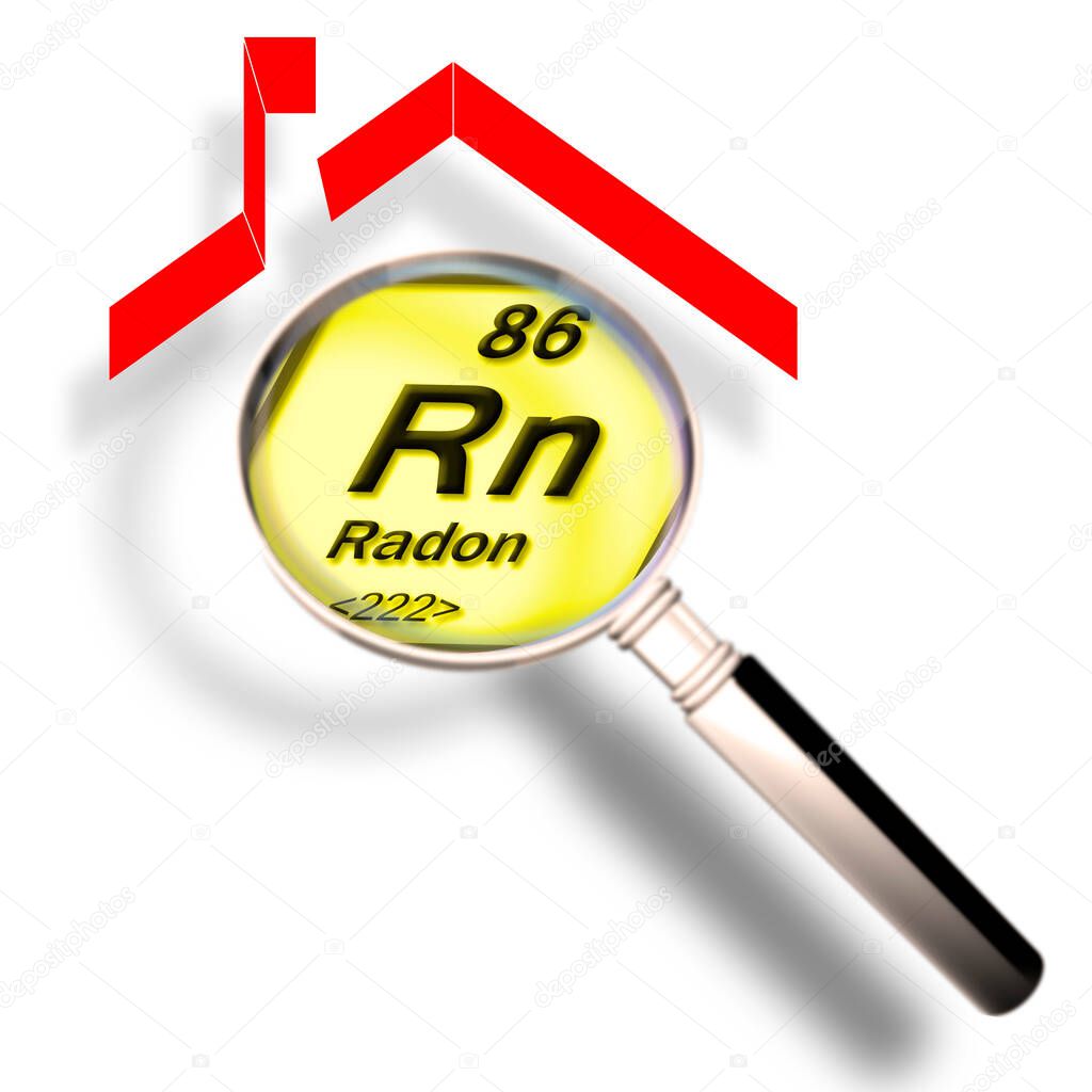 The danger of radon gas in our homes - concept image with periodic table of the elements and home silhouette seen through a magnifying glass.