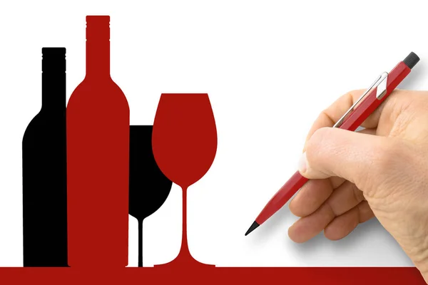 Handzeichnung Einer Flasche Wein Mit Einem Weinglas Konzeptbild Mit Einzeiligem — Stockfoto