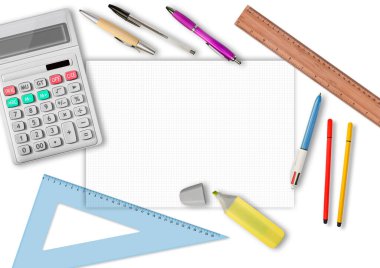 A4 biçiminde boş karelere sahip masaüstü çalışma araçları - metin yerleştirme için kopyalama alanı olan düz tasarım konsept resmi.