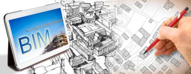 Planning a new city with BIM, Building Information Modeling system, a new way of architecture designing - concept with an enginee or architect drawing a sketch of a new modern imaginary town and digital tablet. clipart