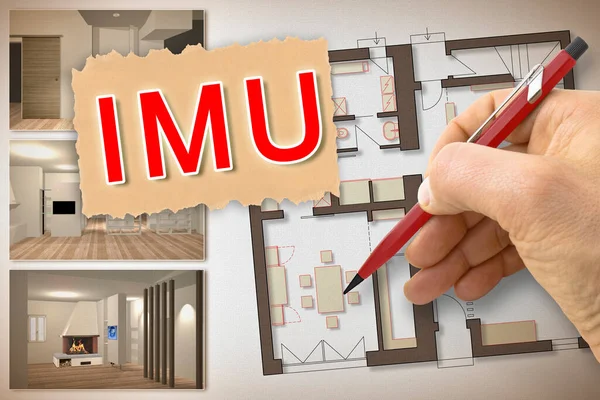 IMU (which means Unique Municipal Tax) the most unpopular italian tax on land and buildings - Concept image with indoor rendering an residential interior plan.