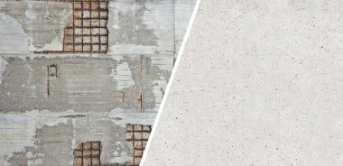 Yıkılması gereken hasarlı ve paslı metalik takviyeli eski beton yapı ile yeni beton arka plan.. 