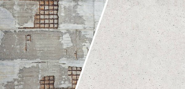 Old reinforced concrete structure with damaged and rusty metallic reinforcement that must be demolished versus new concrete wall background. 