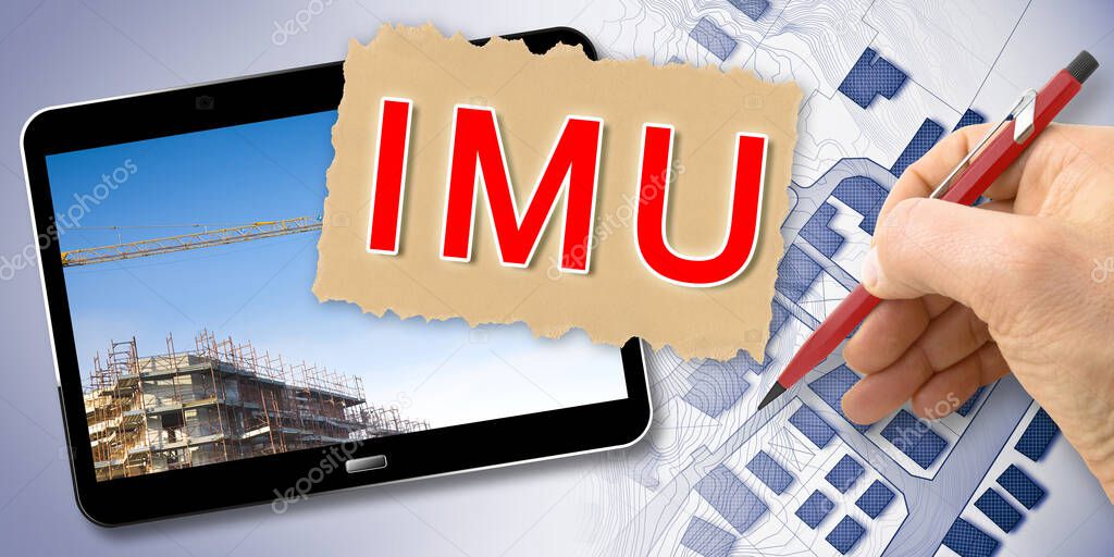 IMU (which means Unique Municipal Tax) the most unpopular italian tax on land and buildings - Concept with 3D render of laptop and building.