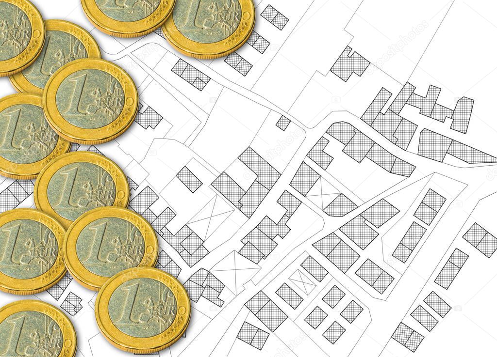 Imaginary city map of territory with euro coins - Tax and business concept image.