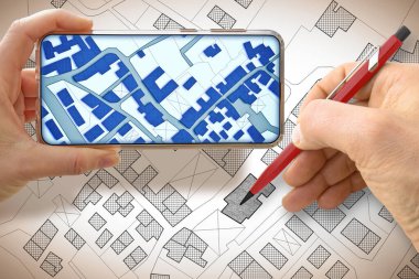 Binaların ve arazi parsellerinin olduğu hayali bir kadastro haritası çiziyorum. Akıllı telefon kavramı..