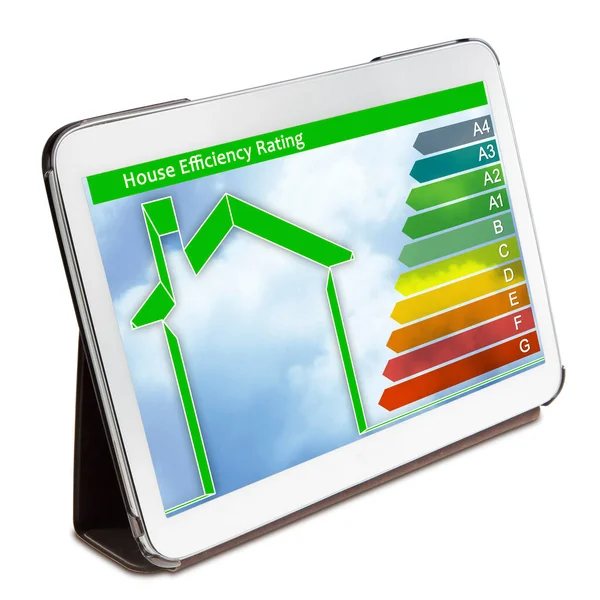Gebäude Energieeffizienz Konzept Mit Digitalem Tablet Mit Wohn Und Energieklassen — Stockfoto