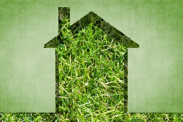 Concept of ecological house with an house outline against a green grass background - image with copy space.