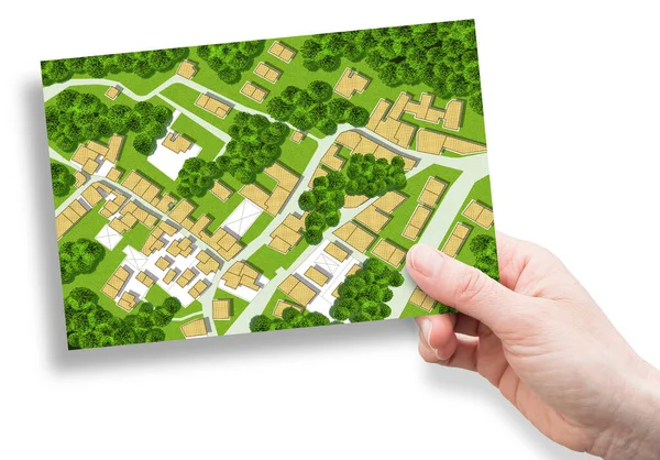 Föreställ Dig Stadskarta Med Bostadshus Vägar Trädgårdar Grönområden Och Träd — Stockfoto