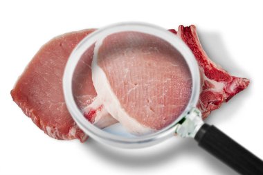 Taze domuz bifteği HACCP (Tehlikeli Analizler ve Kritik Kontrol Noktaları) konsepti, gıda endüstrisinde gıda güvenliği ve kalite kontrolü gibi bir büyüteçle görüntülenmiştir..
